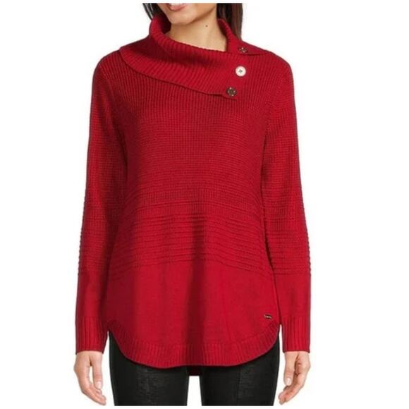 Calvin Klein Turtleneck Red Button Detail Cowl Sweater US Women's L - Picture 1 of 9